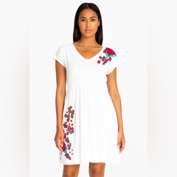 Johnny Was White Midi Dress with Red and Purple Embroidery - Picture 1 of 8